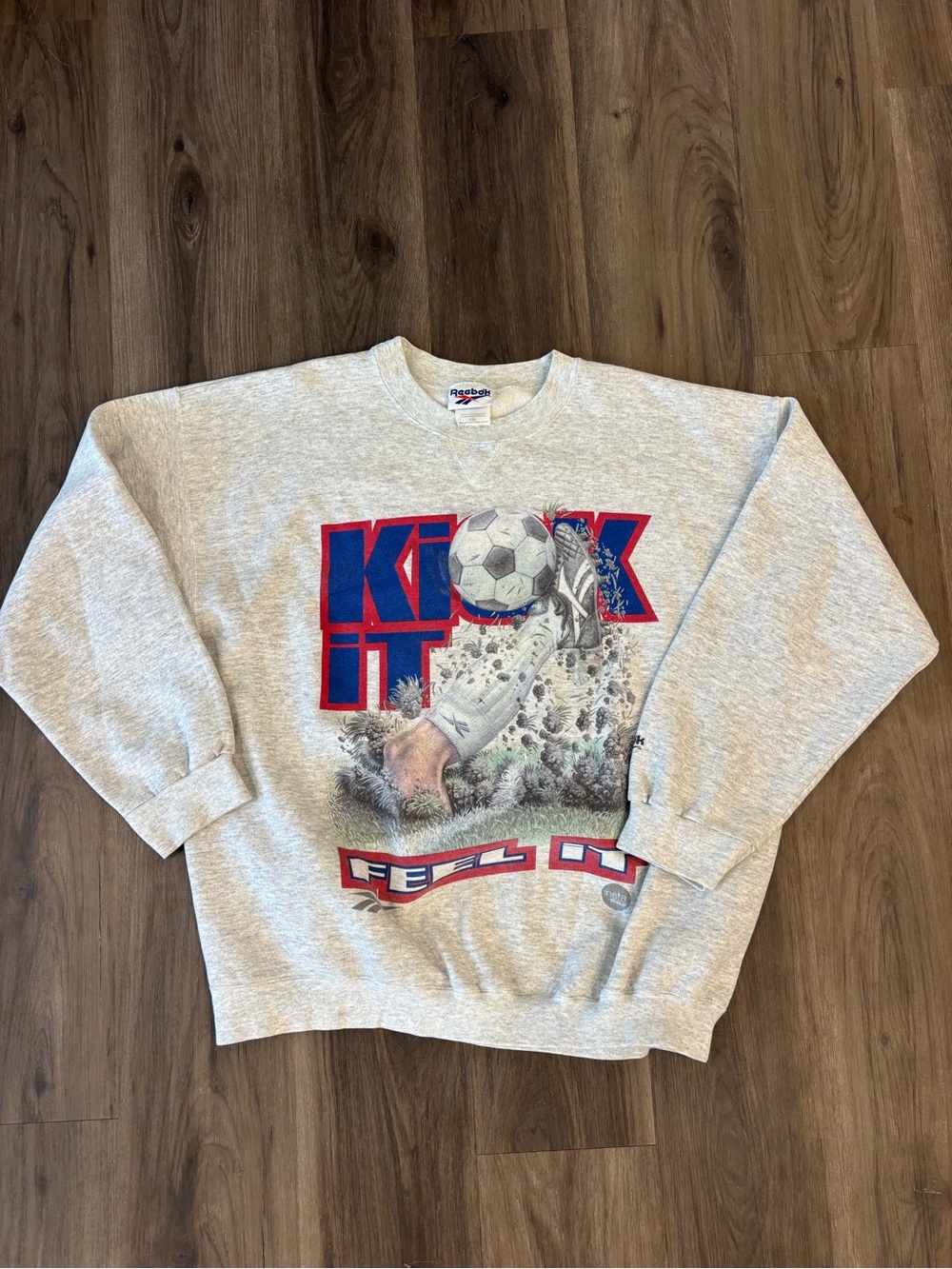 Reebok 'Kick It' Graphic Sweatshirt - Gray with Red & Blue Print
